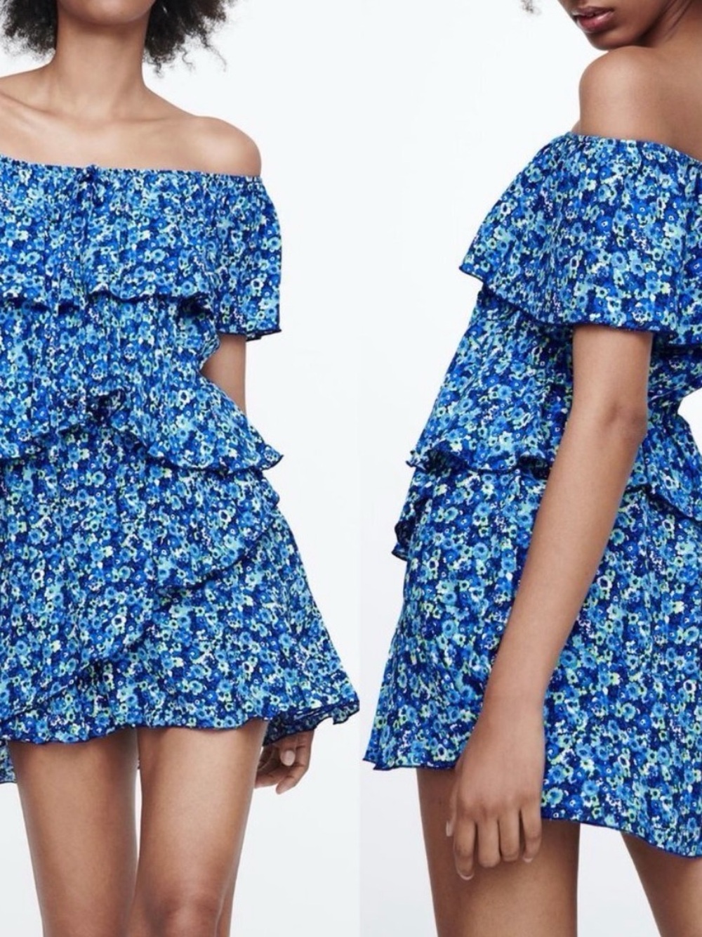 Zara Blue Floral Off-Shoulder Ruffle Mini Dress